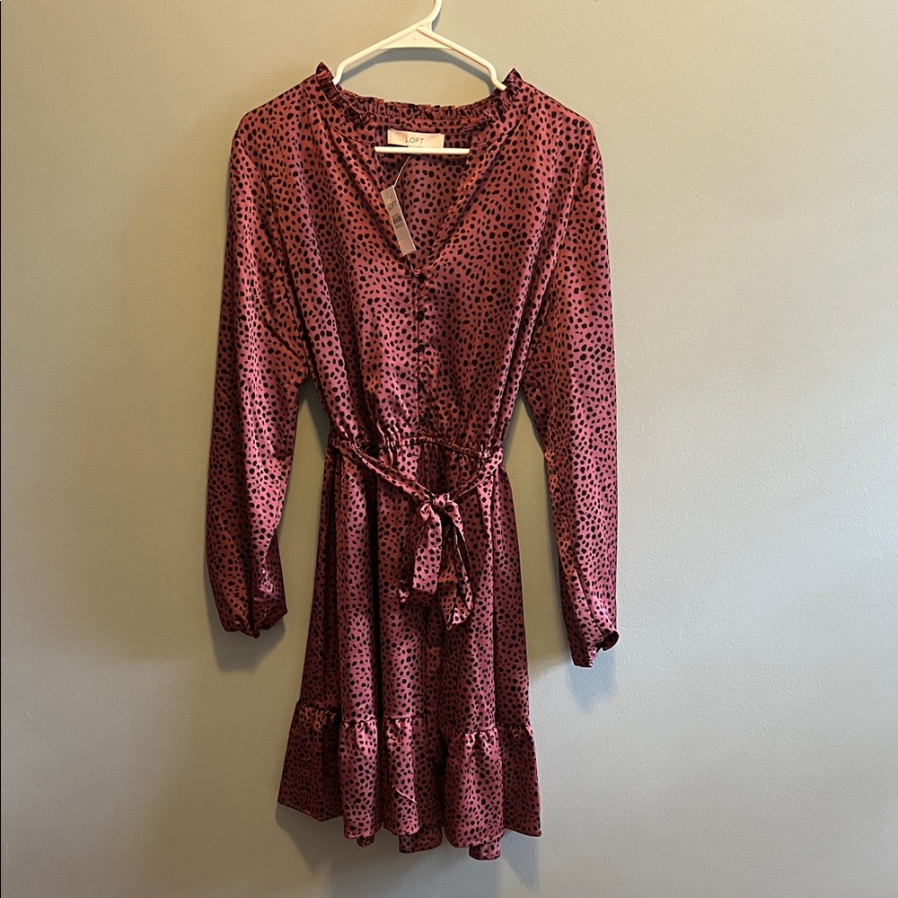 LOFT Burgundy Polka Dot Long Sleeve Dress